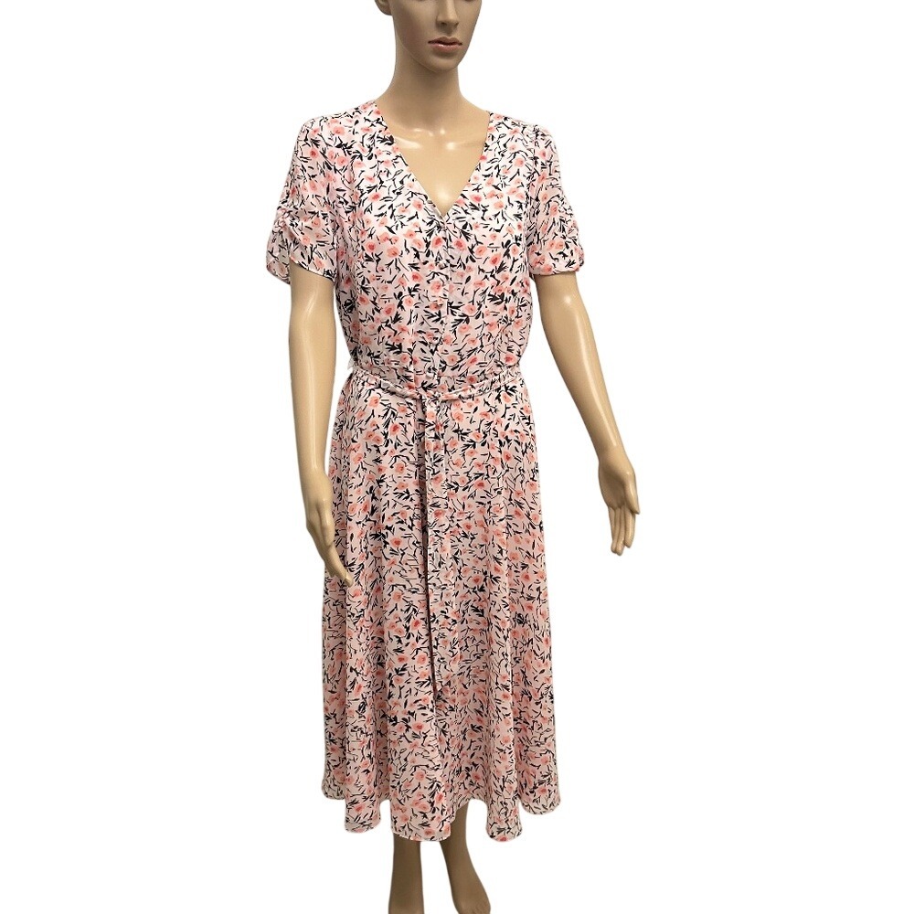 Talbots Floral Print Midi Dress Short Sleeve Belted V Neck Pink Black Size